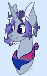 Size: 1012x1628 | Tagged: safe, artist:caramelbolt24, derpibooru import, oc, unofficial characters only, pony, unicorn, bisexual pride flag, blue background, bust, commission, ear fluff, grin, horn, image, jpeg, neckerchief, pride, pride flag, signature, simple background, smiling, solo, unicorn oc, ych result
