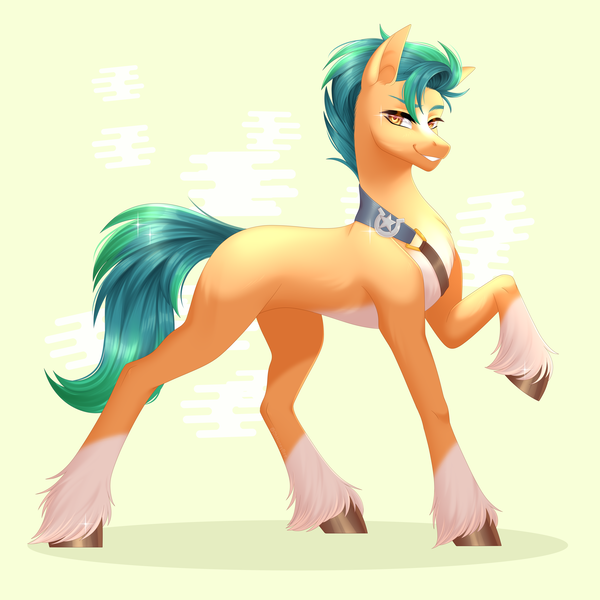 Size: 5000x5000 | Tagged: safe, artist:ohhoneybee, derpibooru import, hitch trailblazer, earth pony, pony, absurd resolution, g5, image, looking at you, male, png, raised hoof, smiling, solo, stallion, unshorn fetlocks