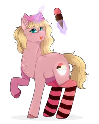 Size: 2304x2882 | Tagged: safe, artist:saramicro, derpibooru import, oc, oc:mille feuille, pony, unicorn, :p, back freckles, clothes, food, freckles, glasses, hat, ice cream, image, levitation, looking at you, magic, png, raised hoof, smiling, socks, striped socks, telekinesis, tongue out