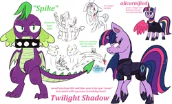 Size: 2248x1361 | Tagged: semi-grimdark, artist:northernlightsone, derpibooru import, spike, twilight sparkle, twilight sparkle (alicorn), alicorn, diamond dog, dragon, pony, unicorn, alternate hairstyle, alternate universe, armor, bleeding, blood, broken horn, chains, clothes, collar, death, description is relevant, diamond, egg, eggshell, evil, evil twilight, eye scar, female, filly, hoof shoes, horn, image, male, mare, murder, png, question mark, raised hoof, raised leg, robe, sad, scar, scarf, simple background, slave, spear, spiked collar, unicorn twilight, weapon, white background, winged spike