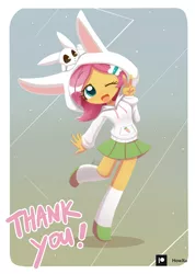Size: 1000x1407 | Tagged: safe, artist:howxu, derpibooru import, angel bunny, fluttershy, rabbit, equestria girls, animal, blushing, clothes, cute, female, image, looking at you, one eye closed, open mouth, patreon, patreon logo, peace sign, png, shyabetes, skirt, solo, sweater, text, wink