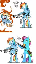 Size: 839x1461 | Tagged: semi-grimdark, artist:bonpikabon, derpibooru import, edit, rainbow dash, rainbow dash (g3), pegasus, pony, my little pony: pony life, abuse, bags under eyes, bipedal, dashabuse, drama, duality, evil rainbow dash, female, fire, flamethrower, g3, grin, gun, hate art, image, jpeg, mare, missing cutie mark, open mouth, out of character, pony life drama, psycho, rainbow douche, raised hoof, raised leg, self paradox, simple background, slasher smile, smiling, there can be only one, weapon, white background
