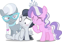 Size: 1017x698 | Tagged: safe, artist:deserter, artist:frownfactory, artist:liggliluff, artist:ready2fail, derpibooru import, edit, edited edit, editor:slayerbvc, vector edit, diamond tiara, rumble, silver spoon, earth pony, pegasus, pony, blushing, colt, featureless crotch, female, filly, giggling, glasses, image, jewelry, looking down, male, necklace, png, raised hoof, simple background, sitting, smug, spread legs, spreading, tiara, transparent background, underhoof, vector