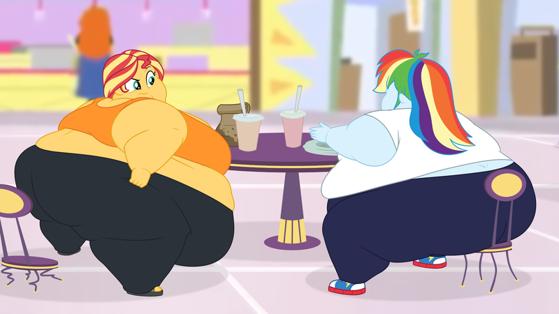 Size: 2560x1440 | Tagged: suggestive, artist:neongothic, derpibooru import, golden hazel, rainbow dash, sunset shimmer, equestria girls, bbw, belly, big belly, breasts, bunset shimmer, butt, chubby cheeks, drink, fat, fat ass, fat boobs, fat fetish, fetish, furniture abuse, huge belly, huge butt, image, impossibly large belly, impossibly large butt, large butt, morbidly obese, obese, png, rainblob dash, rainbutt dash, slobset shimmer, ssbbw, the ass was fat, the ass was too fat, weight gain