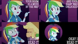 Size: 1280x720 | Tagged: safe, derpibooru import, edit, edited screencap, editor:quoterific, screencap, applejack, rainbow dash, constructive criticism, equestria girls, equestria girls series, applejack's hat, choose your own ending (season 1), clothes, constructive criticism: rainbow dash, cowboy hat, cutie mark, cutie mark on clothes, geode of super speed, geode of super strength, hat, hoodie, image, jpeg, magical geodes