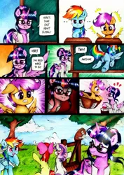 Size: 752x1063 | Tagged: safe, artist:argodaemon, artist:liaaqila, derpibooru import, apple bloom, rainbow dash, sci-twi, scootaloo, sweetie belle, twilight sparkle, alicorn, earth pony, pegasus, pony, unicorn, bandage, catapult, chalkboard, comic, cute, cutie mark crusaders, image, jpeg, slapstick