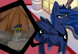 Size: 2439x1711 | Tagged: suggestive, artist:saiokisaragi, derpibooru import, princess luna, oc, food, foodplay, image, lunapred, png, royal guard, stomach, stomach acid, unaware, unaware vore, vore