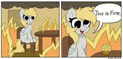 Size: 4096x1988 | Tagged: safe, artist:kittyrosie, derpibooru import, derpy hooves, pegasus, fire, food, image, jpeg, meme, muffin, open mouth, sitting, speech bubble, this is fine