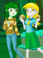 Size: 755x1014 | Tagged: safe, artist:xjleiu, derpibooru import, derpy hooves, wallflower blush, equestria girls, equestria girls series, forgotten friendship, duo, duo female, female, food, garden, image, jpeg, muffin, shears