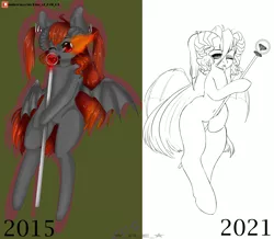 Size: 4400x3840 | Tagged: safe, alternate version, artist:rise_of_evil_69, derpibooru import, oc, unofficial characters only, anthro, earth pony, pony, semi-anthro, bat wings, beautiful, bedroom eyes, comparison, diamond, draw this again, horns, image, long tongue, looking at you, open mouth, patreon, patreon logo, png, redraw, simple background, sketch, tongue out, wand, wings
