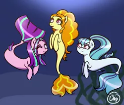 Size: 2000x1700 | Tagged: safe, artist:plaguemare, derpibooru import, adagio dazzle, aria blaze, sonata dusk, pony, seapony (g4), /mlp/, drawthread, female, fins, group shot, happy, image, looking at you, mare, one eye closed, png, seaponified, smiling, species swap, swimming, the dazzlings, wink, winking at you