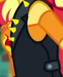 Size: 1920x2352 | Tagged: safe, derpibooru import, screencap, sunset shimmer, equestria girls, equestria girls series, so much more to me, boobshot, breasts, clothes, cropped, cutie mark, cutie mark on clothes, geode of empathy, image, jacket, jpeg, leather, leather jacket, magical geodes