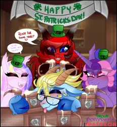 Size: 5000x5415 | Tagged: safe, derpibooru import, oc, oc:aness, oc:cinnamonmusic, oc:dreamcatcher, oc:red, bat pony, goat, pony, drunk, image, patreon, png, ponyvania, stpacktricksday, stpatrickday