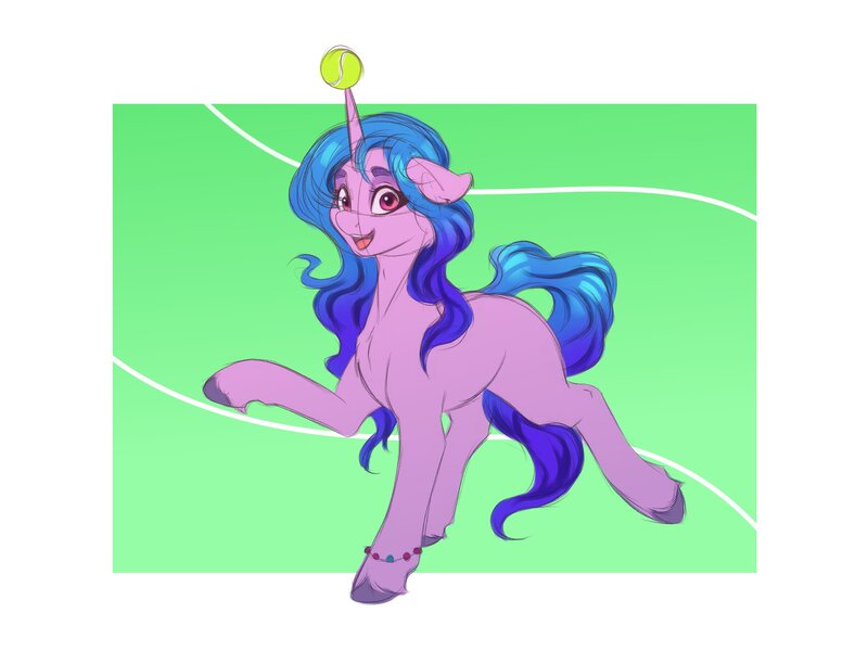 Size: 4000x3000 | Tagged: safe, artist:galinn-arts, derpibooru import, izzy moonbow, pony, unicorn, abstract background, ball, bracelet, female, floppy ears, g5, high res, horn, horn guard, horn impalement, hornball, image, izzy's tennis ball, jewelry, jpeg, looking at you, mare, open mouth, raised hoof, solo, tennis ball, unshorn fetlocks