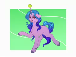 Size: 4000x3000 | Tagged: safe, artist:galinn-arts, derpibooru import, izzy moonbow, pony, unicorn, abstract background, ball, bracelet, female, floppy ears, g5, high res, horn, horn guard, horn impalement, hornball, image, izzy's tennis ball, jewelry, jpeg, looking at you, mare, open mouth, raised hoof, solo, tennis ball, unshorn fetlocks