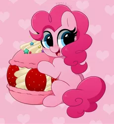 Size: 3773x4096 | Tagged: safe, artist:kittyrosie, pinkie pie, earth pony, pony, cute, diapinkes, female, food, happy, heart, high res, image, jpeg, macaron, mare, open mouth, pink background, simple background, sitting, smiling, solo, strawberry, whipped cream