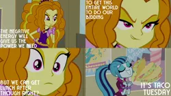 Size: 1280x720 | Tagged: safe, derpibooru import, edit, edited screencap, editor:quoterific, screencap, adagio dazzle, sonata dusk, human, equestria girls, rainbow rocks, drink, eyes closed, female, food, gritted teeth, image, jpeg, open mouth, solo, taco, taco tuesday, teeth