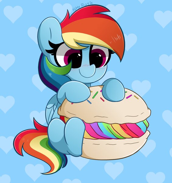 Size: 3858x4096 | Tagged: safe, artist:kittyrosie, rainbow dash, pegasus, pony, blushing, female, food, heart, image, jpeg, macaron, mare, sitting, smiling, solo