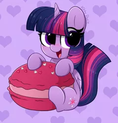 Size: 3920x4096 | Tagged: safe, artist:kittyrosie, derpibooru import, part of a set, twilight sparkle, twilight sparkle (alicorn), alicorn, pony, blushing, cute, food, happy, heart, image, jpeg, looking at you, macaron, open mouth, part of a series, remake, sitting, smiling, solo, twiabetes