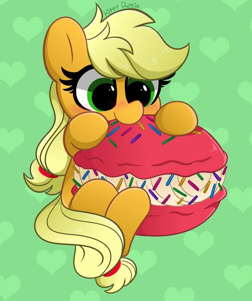 Size: 3428x4096 | Tagged: safe, artist:kittyrosie, applejack, earth pony, pony, blushing, chibi, cute, eating, female, food, green background, hatless, heart, image, jackabetes, jpeg, macaron, mare, missing accessory, ponytail, remake, simple background, sitting, smiling, solo