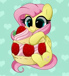 Size: 3697x4096 | Tagged: safe, artist:kittyrosie, fluttershy, pegasus, pony, blushing, cute, daaaaaaaaaaaw, female, food, fruit, green background, heart, high res, hungry, image, jpeg, macaron, mare, shyabetes, simple background, sitting, smiling, solo, strawberry, weapons-grade cute