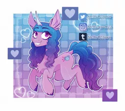 Size: 1840x1634 | Tagged: safe, artist:stelly123uwu, derpibooru import, izzy moonbow, pony, unicorn, abstract background, chest fluff, cute, ear fluff, female, g5, grin, heart, image, instagram, izzybetes, jpeg, mare, meta, raised hoof, smiling, solo, tumblr, twitter, unshorn fetlocks