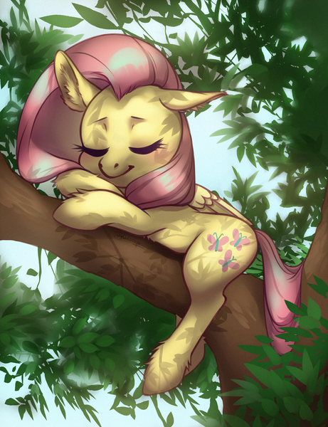 Size: 2290x2980 | Tagged: safe, artist:taytinabelle, fluttershy, pegasus, pony, crossed hooves, cute, ear fluff, eyes closed, female, floppy ears, image, leaves, mare, png, shading, shadow, shyabetes, sleeping, solo, tree, tree branch, unshorn fetlocks