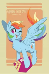 Size: 2433x3673 | Tagged: safe, artist:taytinabelle, rainbow dash, pegasus, pony, chest fluff, cute, dashabetes, ear fluff, female, flying, high res, image, jpeg, leg fluff, looking at you, mare, one eye closed, open mouth, present, rainbow dash day, smiling, solo, spread wings, wings, wink