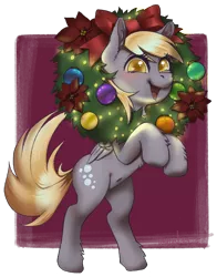 Size: 2033x2588 | Tagged: safe, artist:taytinabelle, derpy hooves, pegasus, pony, belly button, chest fluff, christmas, christmas wreath, cute, dock, ear fluff, female, fluffy, happy, holiday, image, looking at you, mare, png, raised hoof, rearing, silly, smiling, solo, unshorn fetlocks, wreath