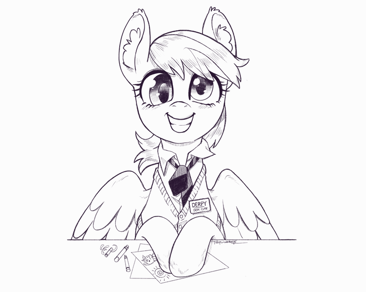 Size: 4109x3277 | Tagged: safe, artist:taytinabelle, derpy hooves, pegasus, pony, black and white, clothes, crayon, crayon drawing, cute, dress shirt, ear fluff, female, grayscale, happy, image, looking at you, mare, monochrome, name tag, necktie, png, simple background, sketch, smiling, solo, spread wings, sweater, sweater vest, traditional art, vest, white background, wings