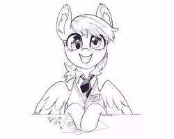Size: 4109x3277 | Tagged: safe, artist:taytinabelle, derpy hooves, pegasus, pony, black and white, clothes, crayon, crayon drawing, cute, dress shirt, ear fluff, female, grayscale, happy, image, looking at you, mare, monochrome, name tag, necktie, png, simple background, sketch, smiling, solo, spread wings, sweater, sweater vest, traditional art, vest, white background, wings