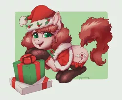 Size: 4000x3256 | Tagged: safe, artist:taytinabelle, oc, oc:harmony hugs, unofficial characters only, earth pony, pony, butt freckles, cape, capelet, christmas, clothes, cute, derpibooru exclusive, dock, ear fluff, female, fishnet clothing, fishnets, freckles, happy, hat, holiday, image, looking at you, mare, neck bow, png, present, raised tail, rearing, santa hat, secret santa, simple background, smiling, socks, solo, stockings, tail, thigh highs