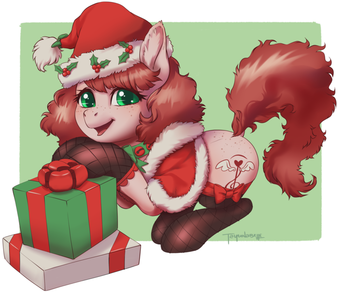 Size: 3416x2952 | Tagged: safe, artist:taytinabelle, oc, oc:harmony hugs, unofficial characters only, earth pony, pony, butt freckles, cape, capelet, christmas, clothes, cute, derpibooru exclusive, dock, ear fluff, female, fishnet clothing, fishnets, freckles, happy, hat, holiday, image, looking at you, mare, neck bow, png, present, raised tail, rearing, santa hat, secret santa, simple background, smiling, socks, solo, stockings, tail, thigh highs, transparent background