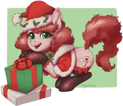 Size: 3416x2952 | Tagged: safe, artist:taytinabelle, oc, oc:harmony hugs, unofficial characters only, earth pony, pony, butt freckles, cape, capelet, christmas, clothes, cute, derpibooru exclusive, dock, ear fluff, female, fishnet clothing, fishnets, freckles, happy, hat, holiday, image, looking at you, mare, neck bow, png, present, raised tail, rearing, santa hat, secret santa, simple background, smiling, socks, solo, stockings, tail, thigh highs, transparent background