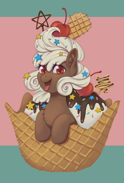 Size: 2464x3621 | Tagged: safe, artist:taytinabelle, oc, oc:sundae swirl, ponified, unofficial characters only, earth pony, food pony, original species, pony, cherry, chest fluff, chocolate, cute, ear fluff, ears, female, food, happy, ice cream, image, looking at you, mare, open mouth, png, simple background, smiling, solo, sprinkles, tongue out, waffle cone