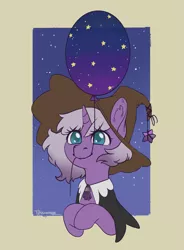 Size: 2181x2956 | Tagged: safe, artist:taytinabelle, oc, oc:witching hour, unofficial characters only, pony, unicorn, balloon, cloak, clothes, cute, ear fluff, ears, female, happy, hat, hooves to the chest, image, mare, mouth hold, night, png, sky, smiling, solo, starry night, stars, witch, witch hat, wizard hat