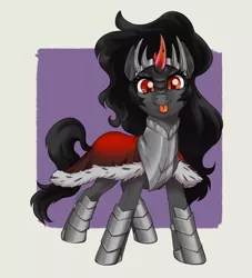 Size: 2362x2600 | Tagged: safe, artist:taytinabelle, king sombra, pony, unicorn, :p, armor, armored legs, armored pony, boots, cape, chestplate, clothes, colored horn, crown, curved horn, cute, female, horn, image, jewelry, looking at you, mare, png, queen umbra, regalia, rule 63, rule63betes, shoes, simple background, smiling, solo, tongue out, umbradorable, wide stance