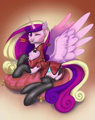 Size: 3223x4056 | Tagged: suggestive, artist:taytinabelle, princess cadance, alicorn, pony, arrow, blushing, butt, cheongsam, chest fluff, chinese new year, clothes, cute, cutedance, dock, dress, ear fluff, ears, eye clipping through hair, female, frilly socks, frilly underwear, gradient background, happy, heart, heart arrow, heart collar, heart pillow, hearts and hooves day, holiday, image, lace, lingerie, looking at you, lovebutt, lunar new year, lying down, mare, mouth hold, one eye closed, open mouth, panties, pillow, plot, png, rear view, shiny, side, silk, simple background, smiling, socks, solo, solo female, spread wings, stockings, tassels, teeth, thigh highs, underhoof, underwear, valentine's day, wings, wink, winking at you