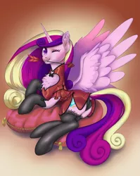 Size: 3223x4056 | Tagged: suggestive, artist:taytinabelle, princess cadance, alicorn, pony, arrow, blushing, butt, cheongsam, chest fluff, chinese new year, clothes, cute, cutedance, dock, dress, ear fluff, ears, eye clipping through hair, female, frilly socks, frilly underwear, gradient background, happy, heart, heart arrow, heart collar, heart pillow, hearts and hooves day, holiday, image, lace, lingerie, looking at you, lovebutt, lunar new year, lying down, mare, mouth hold, one eye closed, open mouth, panties, pillow, plot, png, rear view, shiny, side, silk, simple background, smiling, socks, solo, solo female, spread wings, stockings, tassels, teeth, thigh highs, underhoof, underwear, valentine's day, wings, wink, winking at you