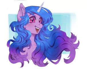 Size: 4250x3356 | Tagged: safe, artist:taytinabelle, izzy moonbow, pony, unicorn, bust, chest fluff, crazy eyes, ear fluff, ears, female, g5, happy, image, looking at something, mare, open mouth, png, simple background, smiling, solo