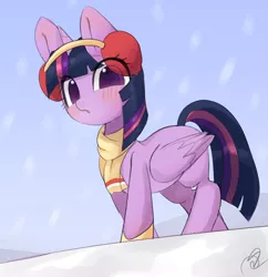 Size: 3086x3183 | Tagged: safe, artist:choyamy, twilight sparkle, twilight sparkle (alicorn), alicorn, pony, blushing, clothes, earmuffs, female, high res, image, looking at you, mare, png, scarf, signature, snow, solo