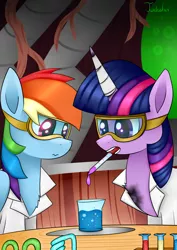 Size: 2480x3507 | Tagged: safe, artist:twidasher, derpibooru import, rainbow dash, twilight sparkle, pegasus, pony, burn marks, chemistry, clothes, duo, female, goggles, horn bandage, image, lab coat, lesbian, mouth hold, pipette, png, safety goggles, shipping, signature, test tube, twidash