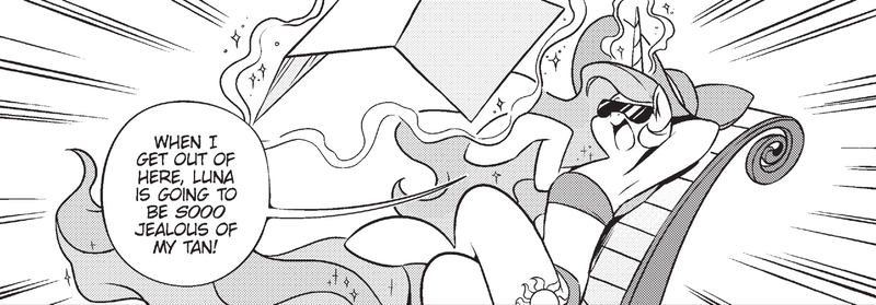 Size: 1750x611 | Tagged: safe, artist:nekoshiei, derpibooru import, princess celestia, alicorn, my little pony: the manga, spoiler:manga, spoiler:manga3, clothes, image, lounging, monochrome, my little pony: the manga volume 3, png, solo, sunglasses, swimsuit