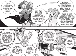 Size: 1751x1289 | Tagged: safe, artist:nekoshiei, derpibooru import, pinkie pie, scootaloo, twilight sparkle, cyborg, my little pony: the manga, spoiler:manga, spoiler:manga3, amputee, artificial wings, augmented, image, implied queen chrysalis, monochrome, my little pony: the manga volume 3, png, prosthetic limb, prosthetics, prosthetic wing, superhero costume, time travel, wings