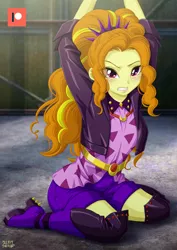 Size: 848x1200 | Tagged: safe, artist:uotapo, derpibooru import, adagio dazzle, equestria girls, equestria girls series, spoiler:eqg series (season 2), angry, blushing, bondage, boots, clenched teeth, clothes, female, femsub, grin, high heel boots, image, jacket, jpeg, kneeling, patreon, patreon logo, shoes, shorts, smiling, solo, subdagio, submissive, teeth, trapped