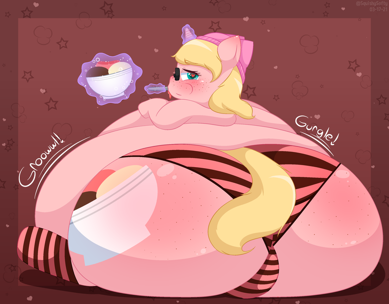 Size: 3000x2344 | Tagged: questionable, artist:squishysofty, derpibooru import, oc, oc:mille feuille, unofficial characters only, pony, unicorn, adorafatty, belly, big belly, bowl, butt, butt freckles, clothes, eating, fat, fat fetish, female, fetish, food, freckles, glasses, hat, heart eyes, huge belly, huge butt, ice cream, image, impossibly large belly, impossibly large butt, large butt, levitation, looking back, magic, morbidly obese, obese, onomatopoeia, panties, png, socks, solo, solo female, spoon, stomach noise, stretched cutie mark, striped socks, striped underwear, telekinesis, the ass was fat, underwear, wingding eyes