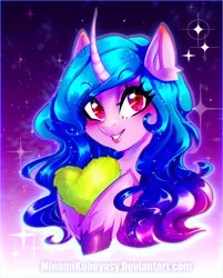 Size: 2893x3606 | Tagged: safe, artist:minamikoboyasy, derpibooru import, izzy moonbow, pony, unicorn, abstract background, blushing, bust, cute, ear fluff, female, g5, grin, heart, high res, image, izzybetes, looking at you, mare, png, portrait, smiling, solo, sparkles, teeth, text, unshorn fetlocks