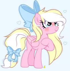 Size: 2328x2376 | Tagged: safe, artist:l_emirona_l, derpibooru import, oc, oc:bay breeze, unofficial characters only, pegasus, pony, blushing, bow, cute, female, hair bow, image, looking up, mare, missing cutie mark, ocbetes, png, simple background, tail bow