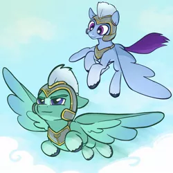 Size: 2048x2048 | Tagged: safe, artist:pfeffaroo, derpibooru import, pegasus, pony, armor, cloud, floppy ears, flying, g5, guard, image, jpeg, male, sky, spread wings, stallion, thunder (g5), unshorn fetlocks, wings, zoom zephyrwing