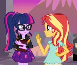 Size: 1024x874 | Tagged: safe, artist:emeraldblast63, derpibooru import, sci-twi, sunset shimmer, twilight sparkle, human, equestria girls, bittersweet, book, canterlot high, crying, duo, duo female, ending to equestria girls, female, glasses, goodbye, holding a book, image, png, sad, sad smile, series finale, sunset, tears of joy, waving